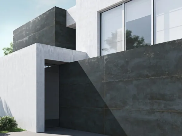 Fachada con azulejos en tonos fríos