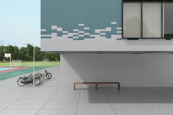 Fachada con azulejos efecto monocolor en tonos fríos, colección Nova arquitectura de Cinca