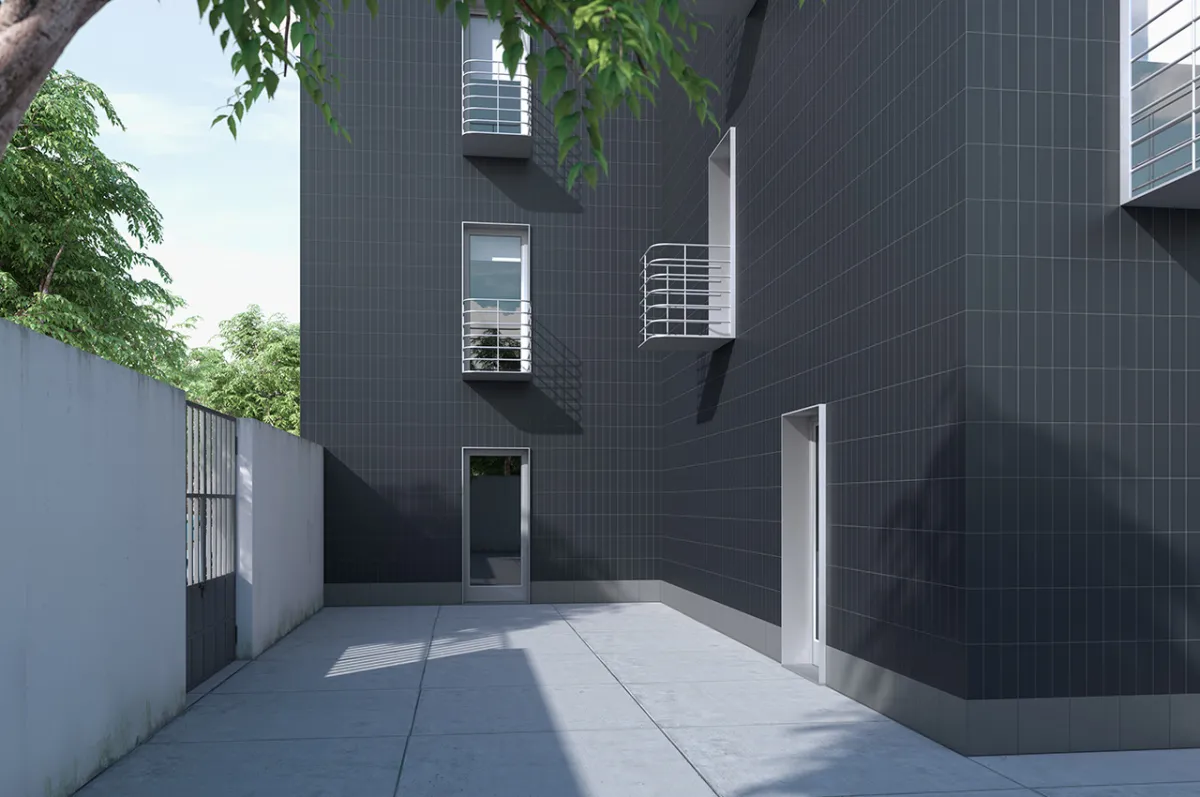 Fachada con azulejos efecto monocolor en tonos fríos, colección Nova arquitectura de Cinca