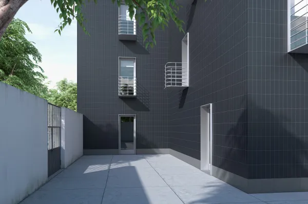 Fachada con azulejos efecto monocolor en tonos fríos, colección Nova arquitectura de Cinca