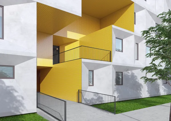 Fachada con azulejos efecto monocolor en tonos fríos, colección Nova arquitectura de Cinca