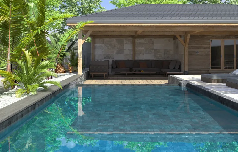 Piscina con azulejos efecto monocolor en tonos fríos, colección Bali de Dune