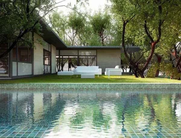Piscina con azulejos efecto monocolor en tonos fríos, colección Bora de Togama