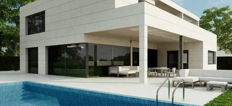 Piscina con azulejos efecto monocolor en tonos fríos, colección Bora de Togama
