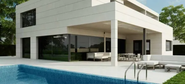 Piscina con azulejos efecto monocolor en tonos fríos, colección Bora de Togama