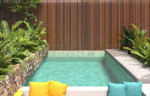 Piscina con azulejos efecto piedra, colección Greenland de Dune