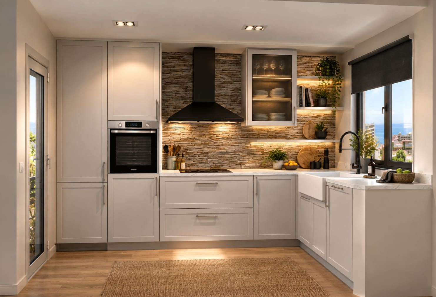 Cocina en U con puertas blancas enmarcadas y pared de piedra