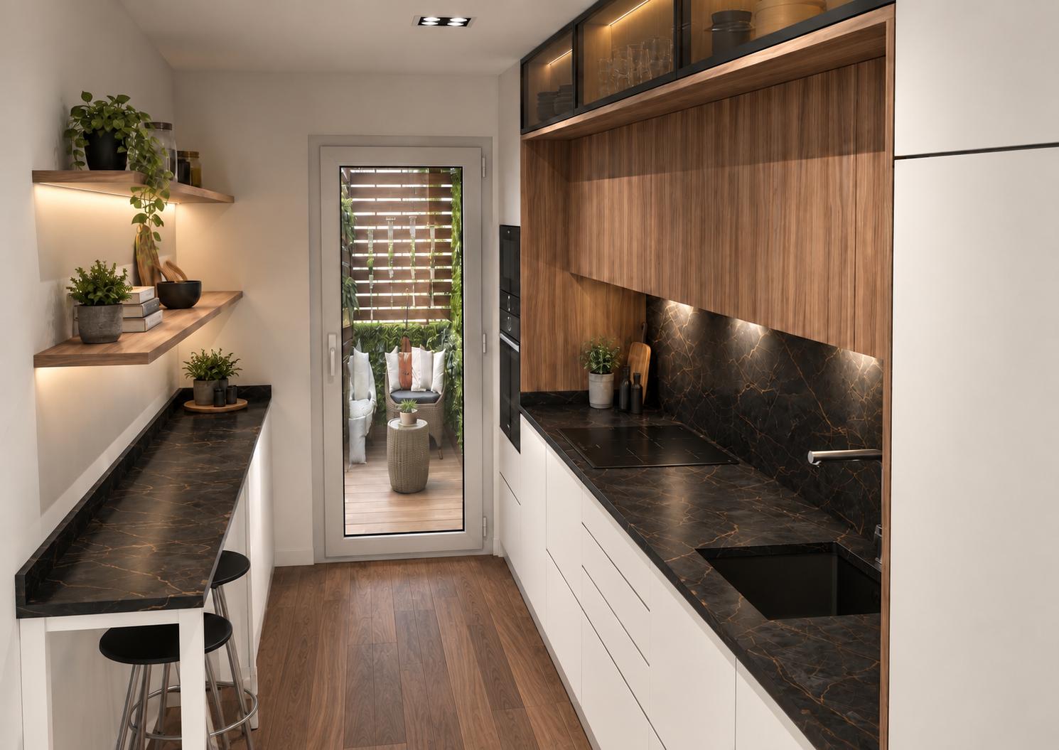 Cocina en paralelo con muebles altos en madera y bajos blancos sin tirador