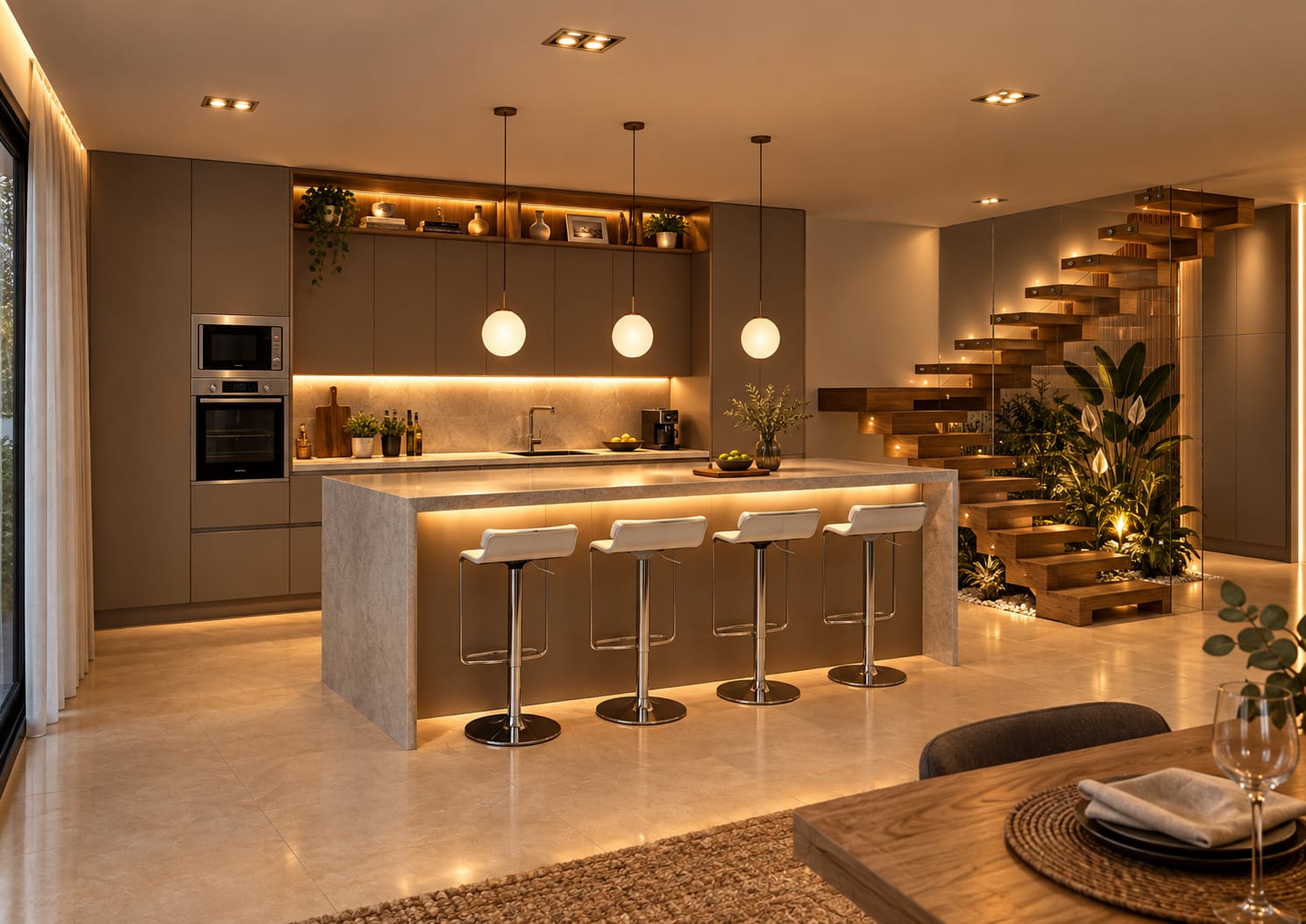 Cocina con frentes en tono topo e isla iluminada con taburetes