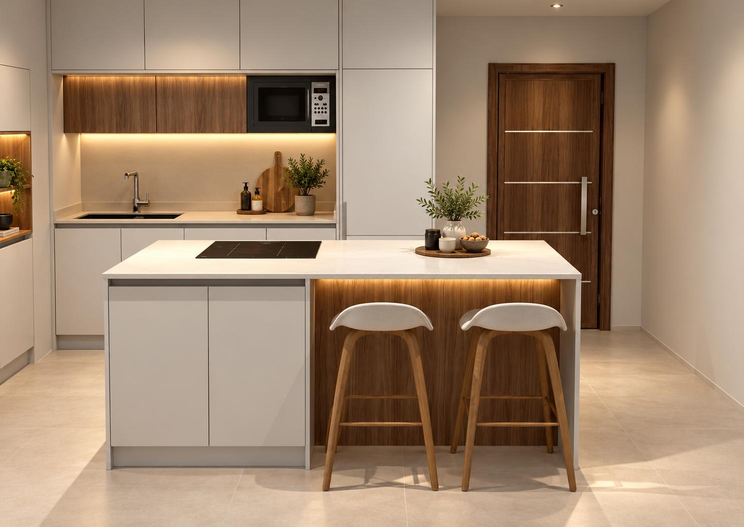Cocina con puertas blancas lisas e isla con frente de madera